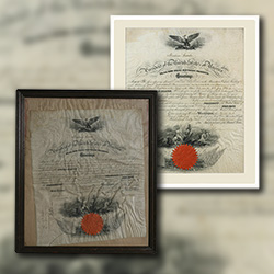 Restoration of a Civil War US Navy Captain's Commission signed by President Lincoln. The document was mounted in an old Five-and-Dime department store frame with broken glass, and over the years, the velum on which the document was printed became warped and infested by mold and mildew.