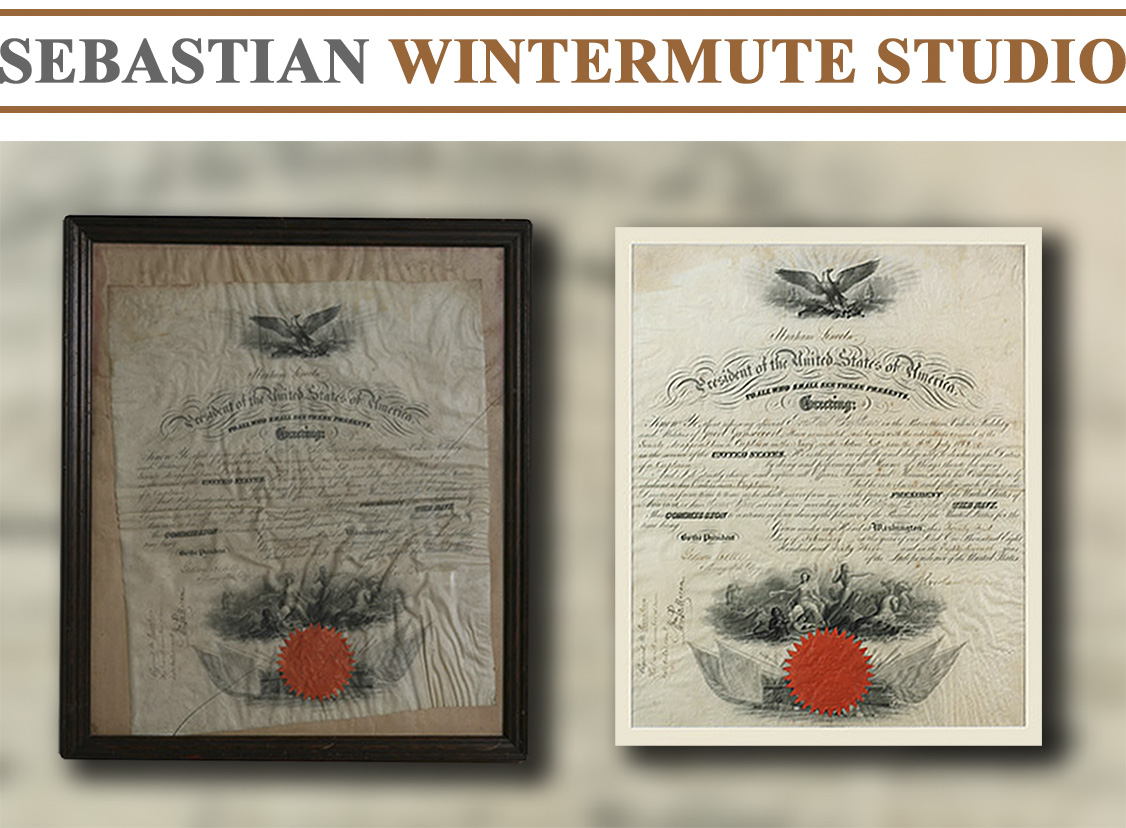 Restoration of a Civil War The US Navy Captain's Commission, signed by President Lincoln. The document was mounted in an old Five-and-Dime department store frame with broken glass, and over the years, the velum on which the document was printed became warped and infested by mold and mildew.