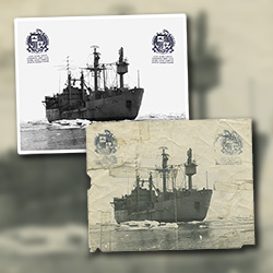 Restoration of a photograph of Antarctic Oceanographic Research Ship USNS Eltanin bearing the imprints of the official seal and emblem.