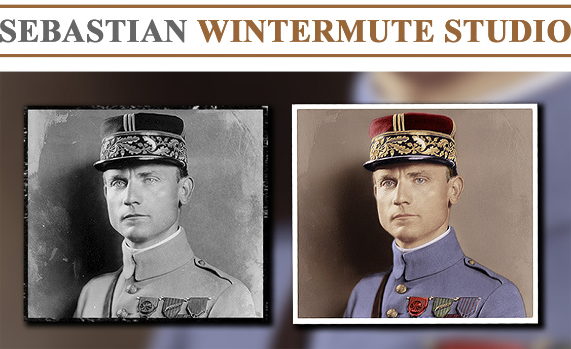 A black and white photograph of Milan Rastislav Stefanik was restored and colorized, accurately recreating the appearance of WWI uniform and the military decorations as they were confirmed by research and consultations with experts in military history, decorations and uniforms.