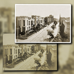 Restoration of a late 19th-century photograph showing a row of handsome mansions along 5th Avenue, overlooking the Croton Distributing Reservoir (present location of the New York Public Library), was a faded ghost of its original self.