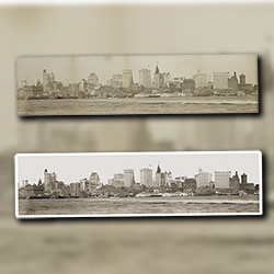 Measuring over three feet wide, this 1899 panoramic photograph of Lower Manhattan and the South Street Seaport, taken from the Brooklyn side, became unevenly faded and discolored with age.