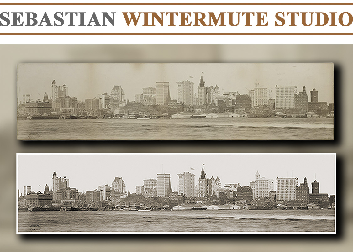 Measuring over three feet wide, this 1899 panoramic photograph of Lower Manhattan and the South Street Seaport, taken from the Brooklyn side, became unevenly faded and discolored with age.