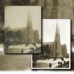 Restoration of a 19th Century photo of St. Patrick's Cathedral when the 5th Avenue was a quiet street perfect for an afternoon stroll and any place above Central Park was considered to be The Upstate.