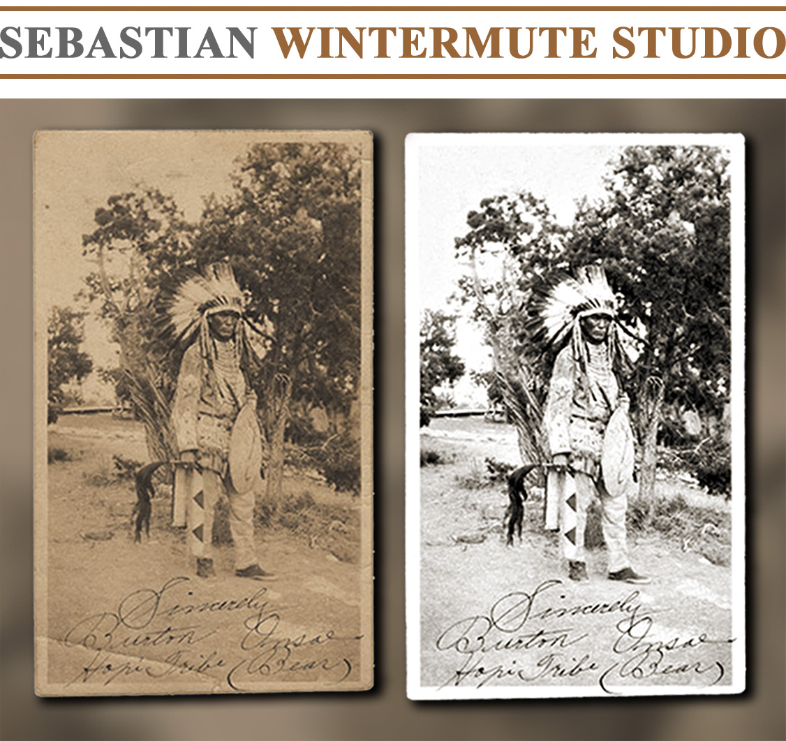 Restoration of a 1920's signed portrait of a Native American warrior of the Hopi Tribe wearing full ceremonial dress was carefully restored to remove all signs of damage and discoloration while preserving the intricate details of the outfit and the war bonnet.