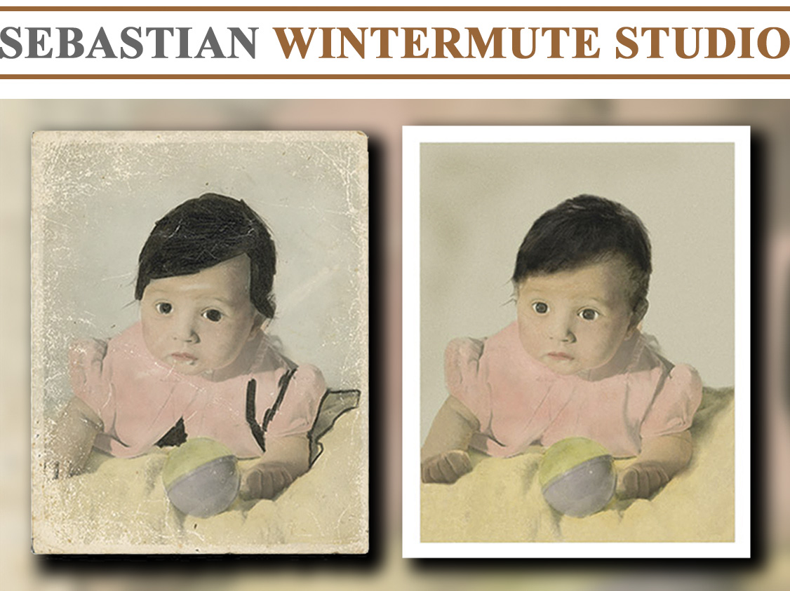 Restoration of an oil-tinted baby picture that underwent additional coloring at the hands of a 5-year-old artist was carefully retouched to remove all signs of flaking of the original pigments as well as the magic marker colorization that was generously applied to the hair, eyes, and the baby's outfit.