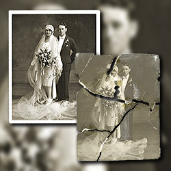 Before it was restored to the original condition, this wedding photograph set in the closet for many years, slowly deteriorating from exposure to harmful chemicals used to disinfect and to the mold and mildew.