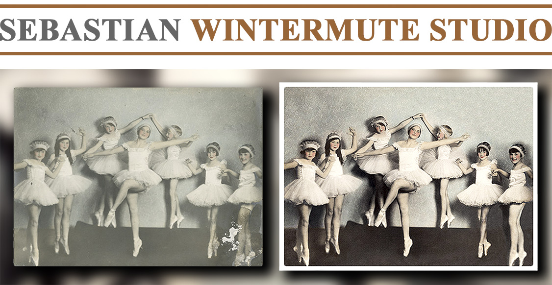 Restoration of a beautiful photograph of young ballerinas reminiscent of impressionists' paintings was damaged by paint splashes and exposure to dust and cigarette smoke.