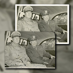 Restoration and reproduction of a historic WWII photograph of General MacArthur and General Eisenhower taken during their meeting in Japan by Tom Shafer.