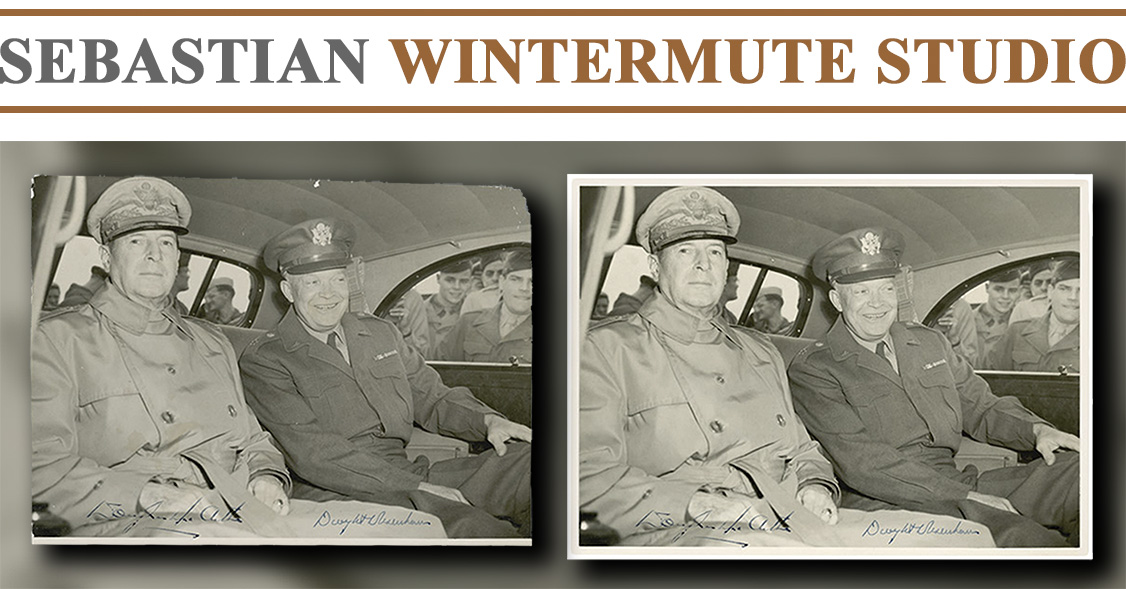 Restoration and reproduction of a historic WWII photograph of General MacArthur and General Eisenhower taken during their meeting in Japan by Tom Shafer.