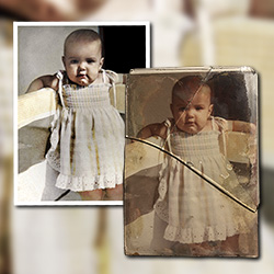 To restore a photograph that became stuck to glass, it can either be separated from the glass or restored by making a high quality scan and digital retouching.