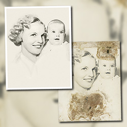 Water spots and mildew stains are common damages on many old photographs. A professional photo restoration artist can repair and remove these damages from an original photograph or produce a high-quality digital reproduction, bringing back the photograph's original appearance.