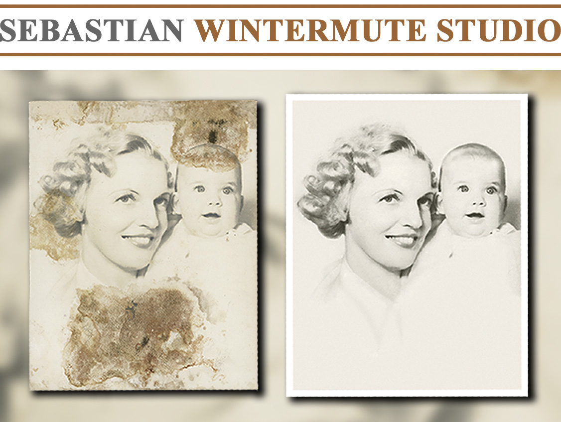 Water spots and mildew stains are common damages on many old photographs. A professional photo restoration artist can repair and remove these damages from an original photograph or produce a high-quality digital reproduction, bringing back the photograph's original appearance.