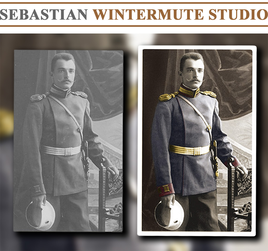 Restoration of a studio photo portrait of a Russian officer wearing a uniform of the Imperial Palace Guard with a Golden Sword, with which the officer was decorated for exceptional bravery in combat.