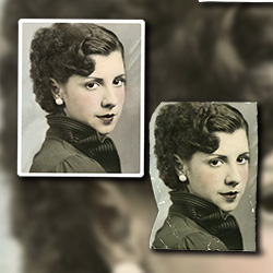 Restoration of an oil-tinted portrait with uneven cut off border, missing parts, paint stains, major creases, and flaked emulsion layer.