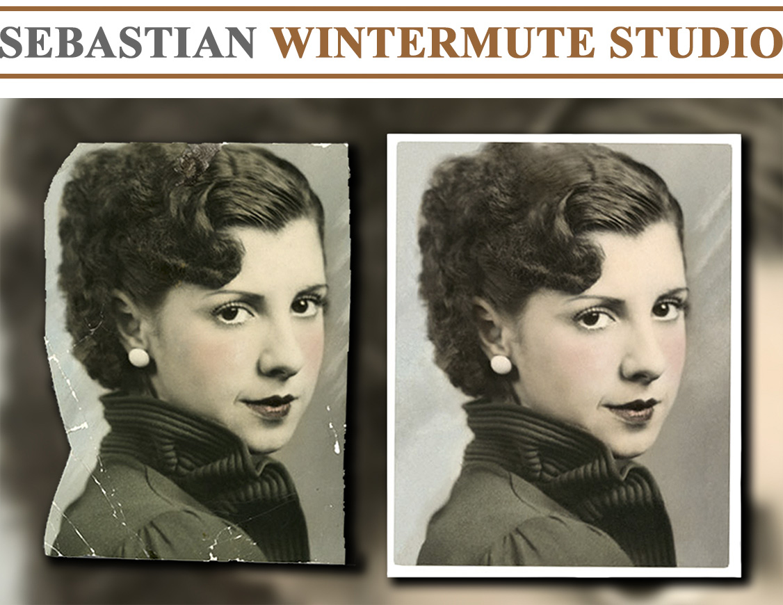 Restoration of an oil-tinted portrait with uneven cut off border, missing parts, paint stains, major creases, and flaked emulsion layer.