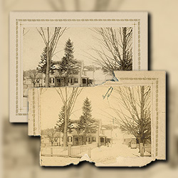 Restoration of an old photo postcard with damaged borders and missing parts. The postcard was repaired by careful replication of the intact parts of the border and filling in the missing areas.