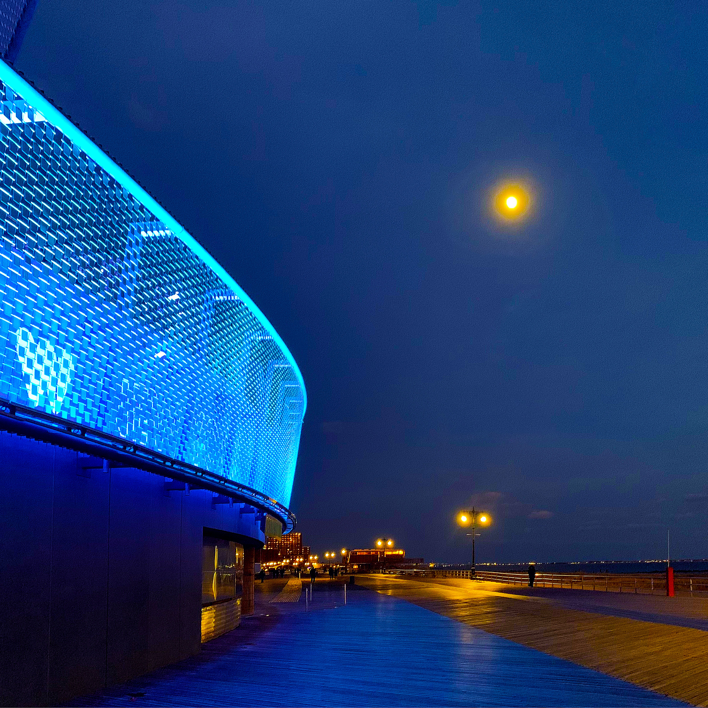 AQUATIC Coney Island Aquarium, 16in x 16in fine art photograph, signed and numbered by Sebastian Wintermute. Coney Island Aquarium and boardwalk at night