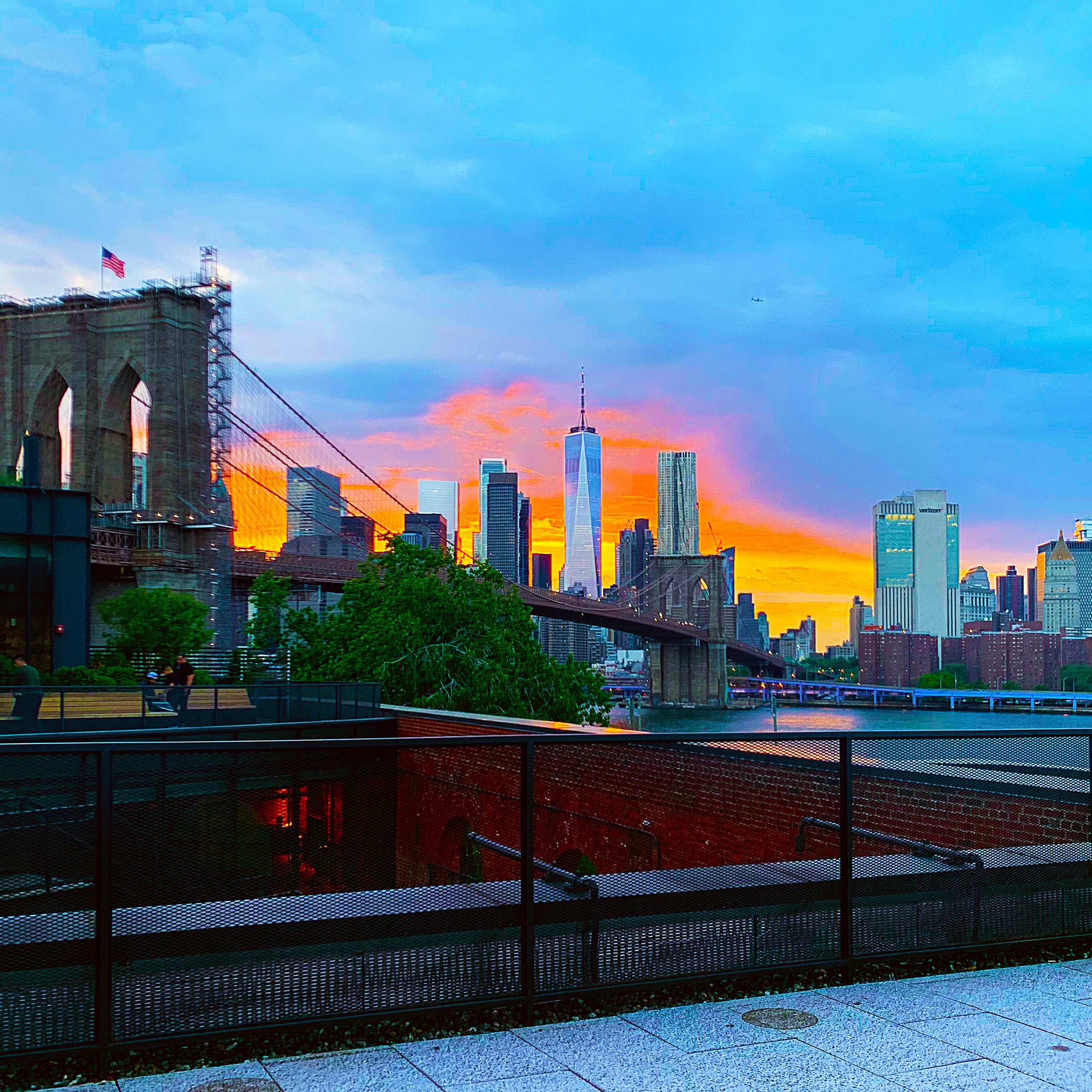 BROOKLYN BRIDGE, 16in x 16in fine art print, signed and numbered by Sebastian Wintermute. Sunset over Manhattan viewed form Brooklyn Bridge.
