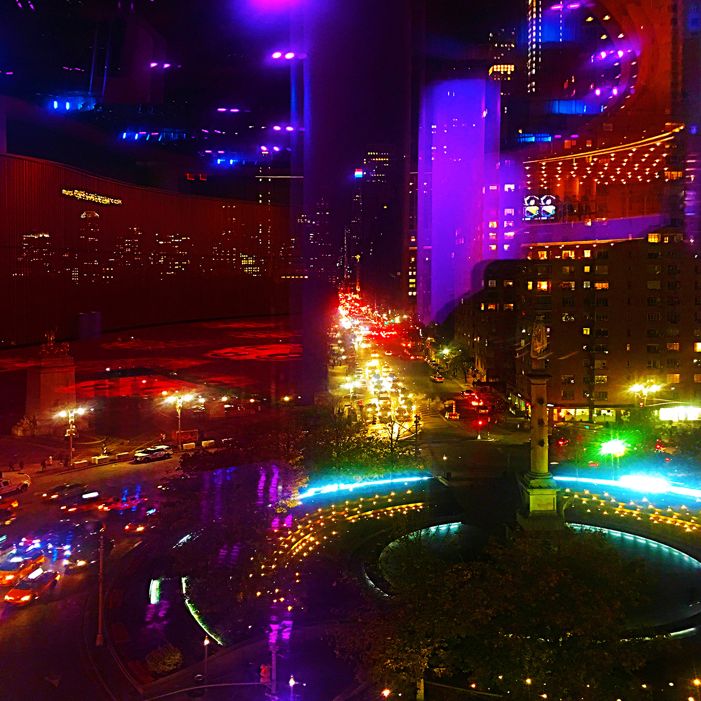 NOISE ELECTRIC, 16in x 16in fine art print, signed and numbered by Sebastian Wintermute. Night view of Columbus Circle, New York City.