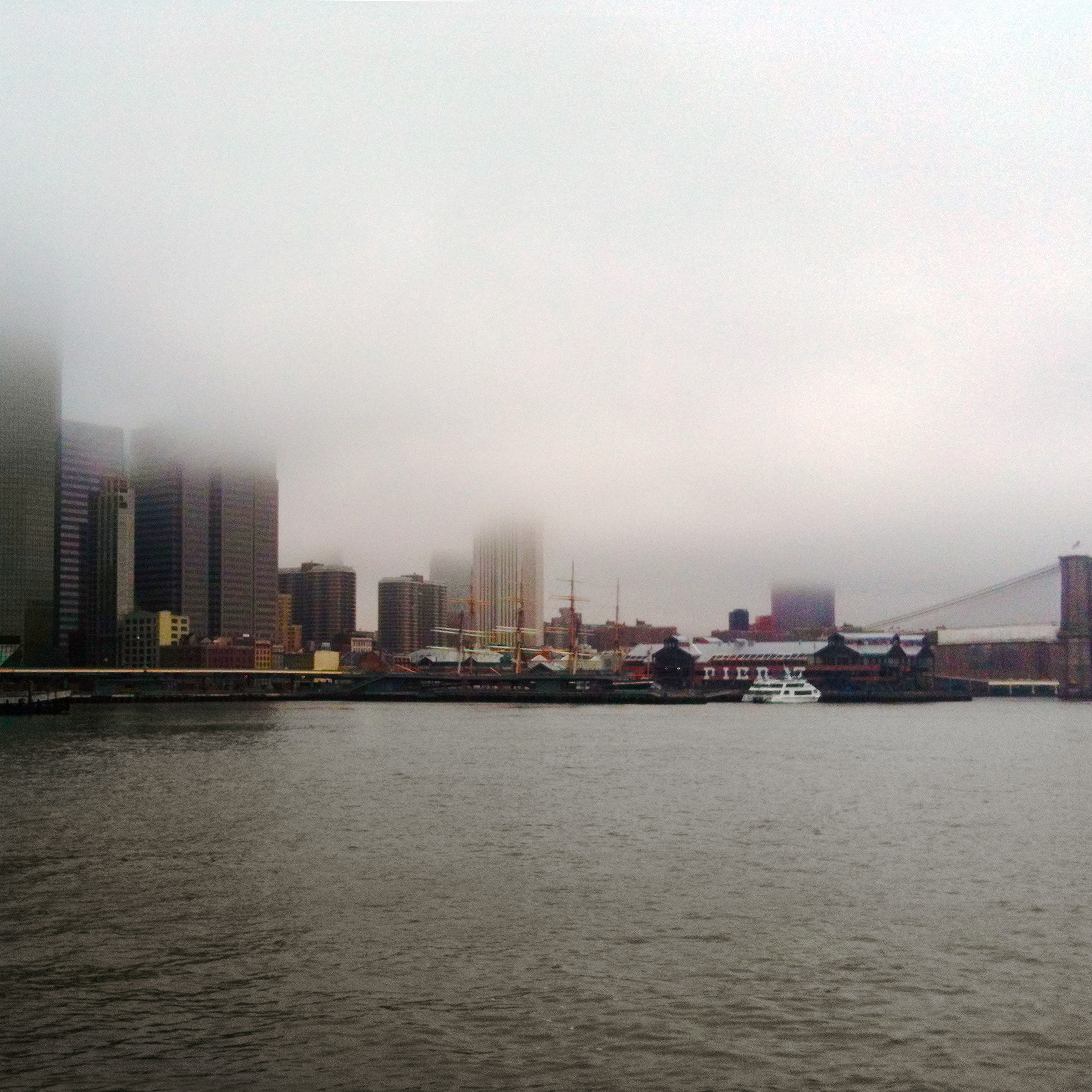 VIEWS FORM THE STATEN ISLAND FERRY, 16in x 16in fine art print, signed and numbered by Sebastian Wintermute. Winter morning over the South Street Seaport. Brooklyn Bridge, old Pier 17, South Street Seaport