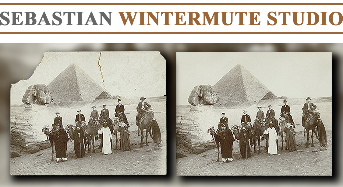 Restoration of a 19th Century photograph of American tourists in Egypt with the Sphinx and the Great Pyramid seen in the background.