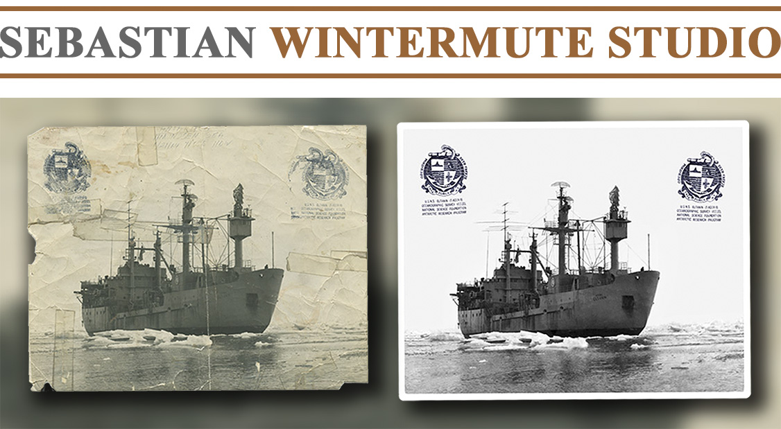 Restoration of a photograph of Antarctic Oceanographic Research Ship USNS Eltanin bearing the imprints of the official seal and emblem.