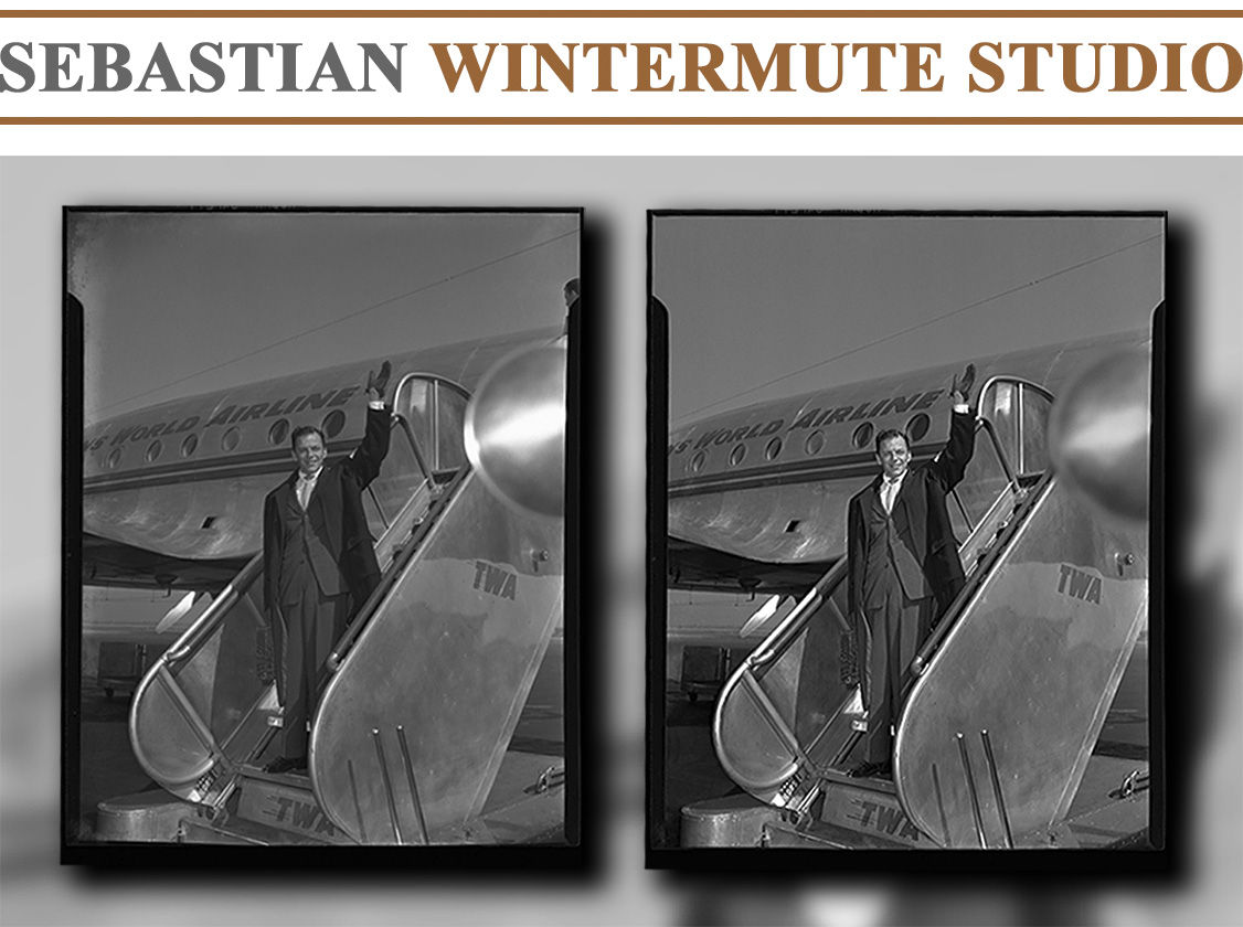 Frank Sinatra waving from the boarding stairs leading to the legendary TWA Lockheed Constellation airliner 