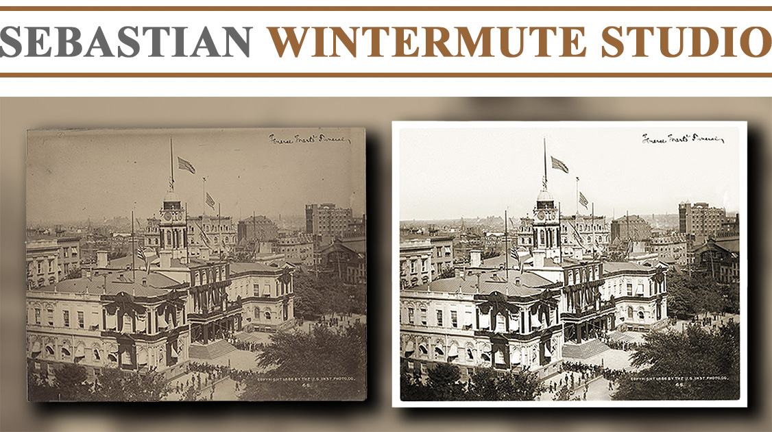 The view of New York's City Hall was captured in an 1885 historic photograph taken on the day of President Ulysses S. Grant's funeral. With the building draped in black and the flags lowered, the funeral procession can be seen coming down the steps of the building.