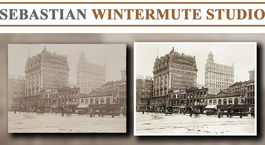 Restoration of an old photograph photograph intersection of Manhattan 5th Avenue, Broadway, and 23rd Street before the construction if the Flatiron Building.