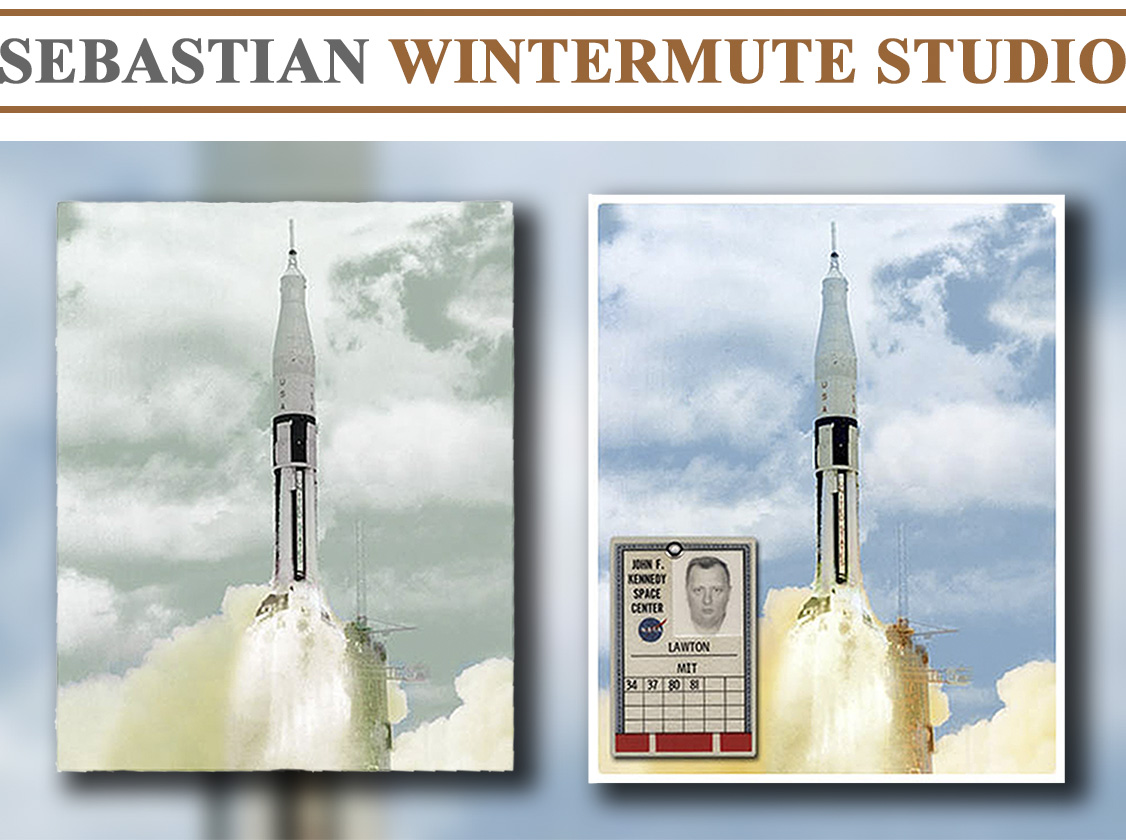 A photograph of Apollo 8 lift-off was sent along with NASA ID card belonging to one of the engineers who worked on the NASA space program to be restored and framed for an anniversary presentation. 