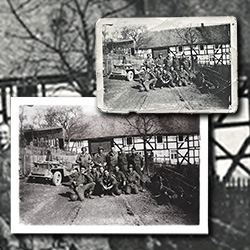 Restoration and colorizing of a small snapshot of a squad of American G.I.s and their faithful Willys Jeep on the road to the Rhine was carefully retouched to remove the folds, creases, and stains from the surface of the photograph.