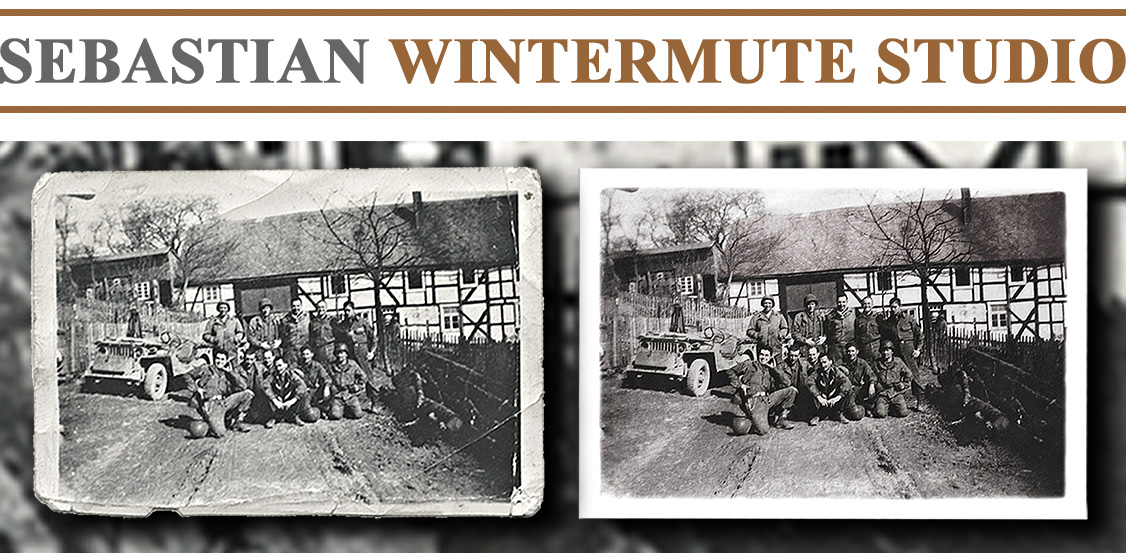 Restoration and colorizing of a small snapshot of a squad of American G. I.s and their faithful Willys Jeep on the road to the Rhine was carefully retouched to remove the folds, creases, and stains from the surface of the photograph.