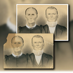 Restoration and reproduction of a 19th-century American family portrait created with the help of a Camera Obscura or a Camera Lucida in which an image is first traced on a piece of paper laid over the ground glass of the camera.