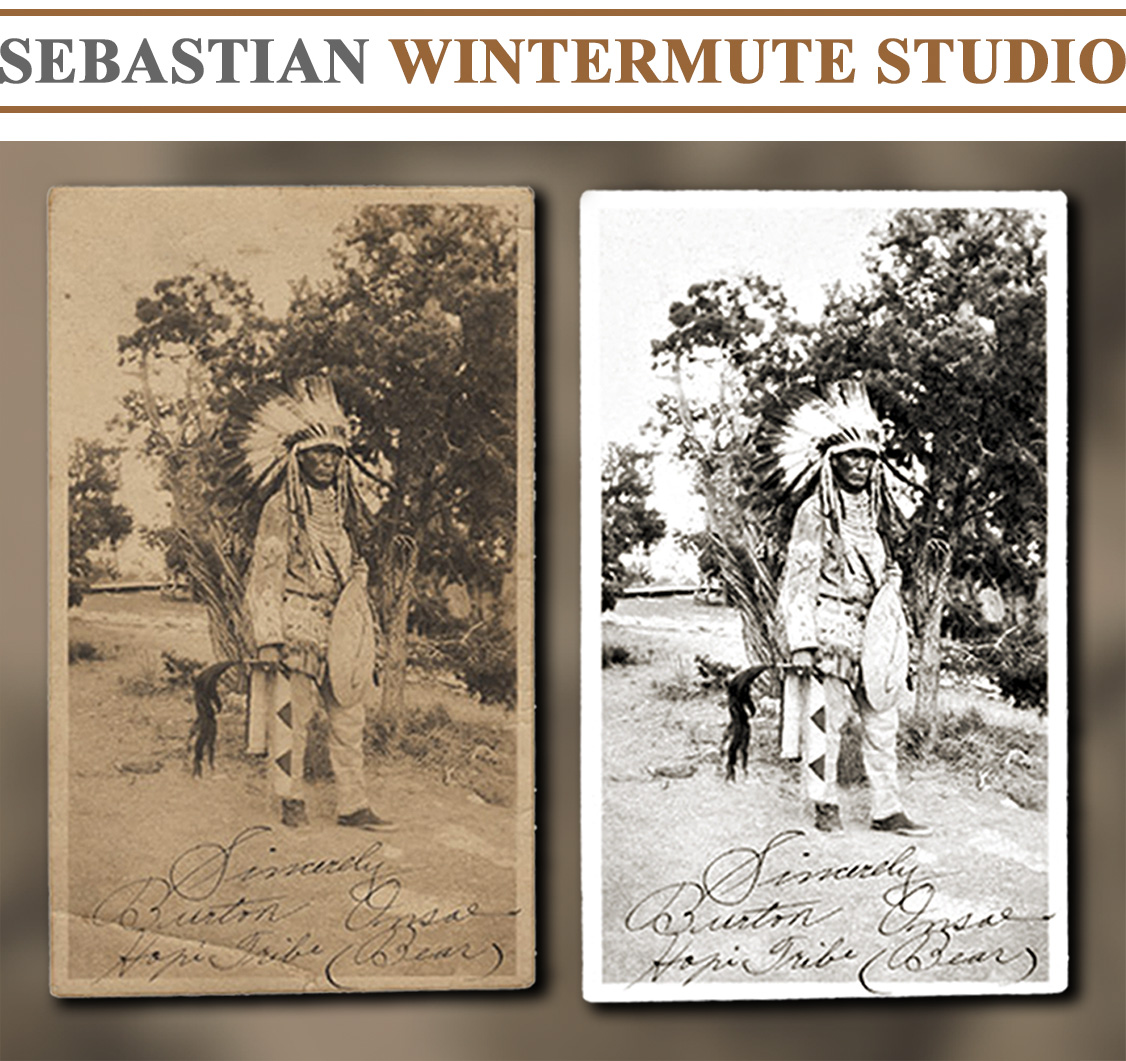 1920's signed portrait of Native American warrior of the Hopi Tribe wearing full ceremonial dress was carefully restored to remove all signs of damage and discoloration while preserving the intricate details of the outfit and the war bonnet.