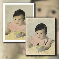 Restoration of an oil-tinted baby picture that underwent additional coloring at the hands of a 5-year-old artist was carefully retouched to remove all signs of flaking of the original pigments as well as the magic marker colorization that was generously applied to the hair, eyes, and the baby's outfit.