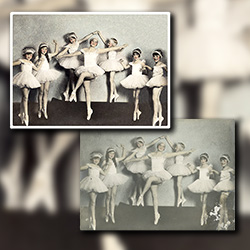 Restoration of a beautiful photograph of young ballerinas reminiscent of impressionists' paintings was damaged by paint splashes and exposure to dust and cigarette smoke.