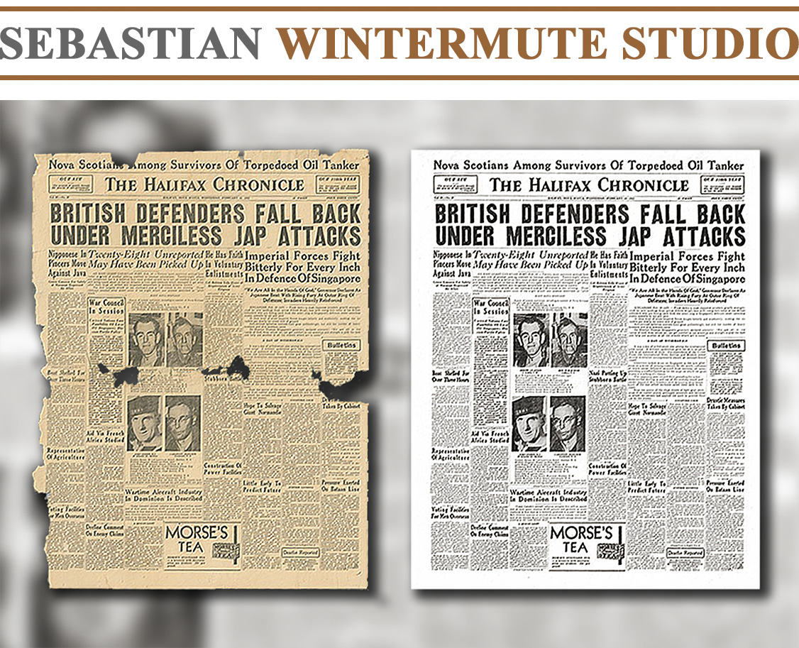 Restoration of 1942 The Halifax Chronicle newspaper describing an amazing story of WWII rescue of Canadian merchant marine who survived three sinking of convoy ships after they were torpedoed by German submarines.