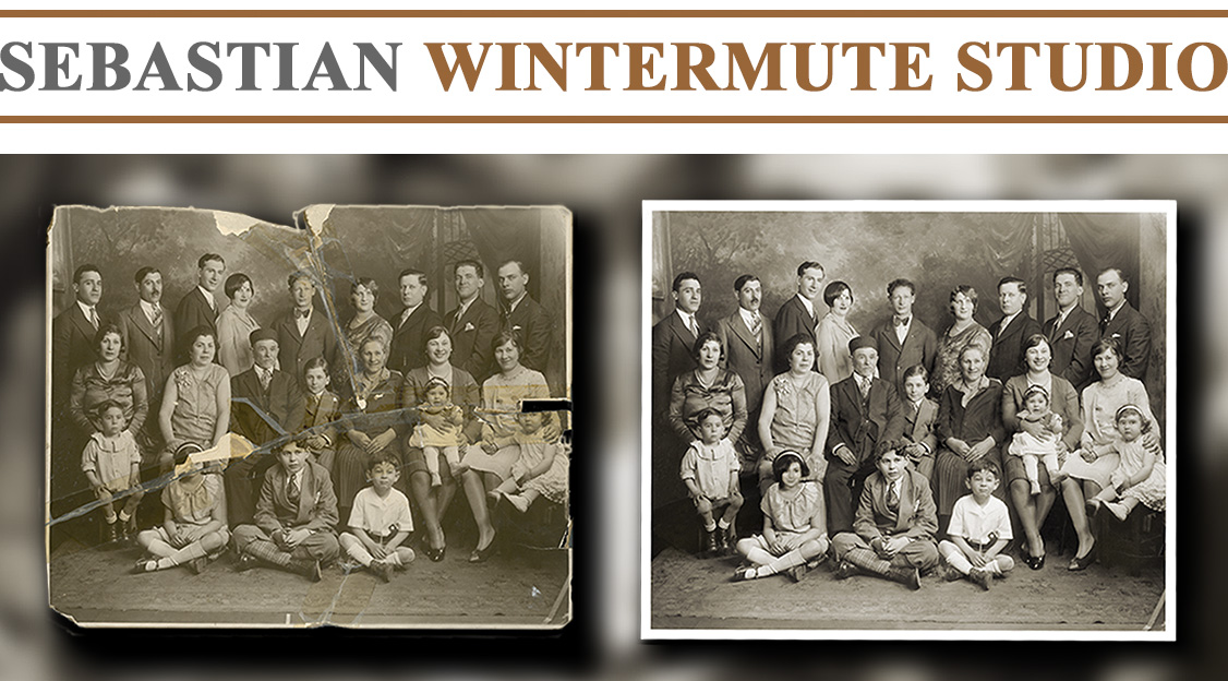 The pieces of this beautiful family studio portrait were rejoined using pH neutral archival tape. With careful retouching all the lost pieces filled in and tears retouched to bring the photograph back to the original appearance.