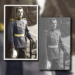 Restoration of a studio photo portrait of a Russian officer wearing a uniform of the Imperial Palace Guard with a Golden Sword, with which the officer was decorated for exceptional bravery in combat.